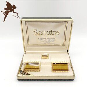 VINTAGE SENATOR Tiger's Eye Cufflinks and Tie Pin Set in Original Box!